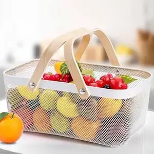Organisateur de panier empilable en métal élégant avec poignée en bois pour les fruits et légumes de cuisine du fournisseur indien pour l'exportation en vrac - Product Image 6