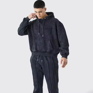 Survêtement unisexe à capuche en molleton d'hiver gris foncé surdimensionné délavé à l'acide avec design 2 en 1 et taille élastique - Product Image 1