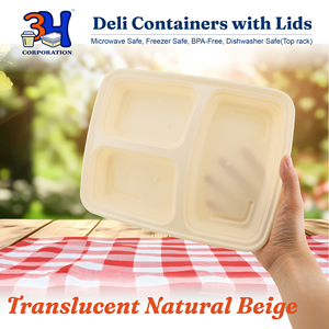 Contenants de préparation de repas 3h Corporation, 3 compartiments, PP, lot de 150, 39 oz, couvercles réutilisables, compatibles micro-ondes/lave-vaisselle/congélateur, design minimaliste - Product Image 5