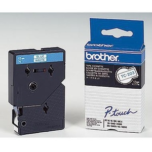 Cassette de ruban adhésif blanc/bleu Brother P-touch TC-203 12 mm x 7,7 m pour usage bureautique, haute visibilité, produit BROTHER - Product Image 1