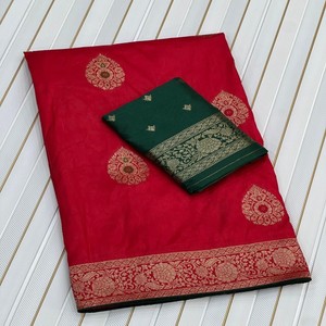 Sari de Seda Dola Pura de Lujo VASTRA COTTAGE con Bordado Meenakari Zari, Borde con Secuencia de Codificación y Blusa en Contraste - Product Image 4