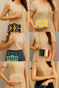 Sac de soirée de luxe fait main, durable, écologique, léger, en bois et résine, motif à pois, avec chaîne bandoulière, logo personnalisé - Product Image 2