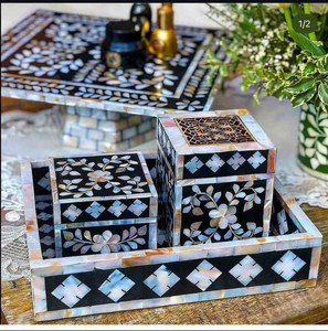 Coffret cadeau de Ramadan en bois avec incrustation de nacre, brûleur à bakhoor, plateau, boîte, provenance d'Inde par MULTI CRAFT, modèle MS39 - Product Image 2