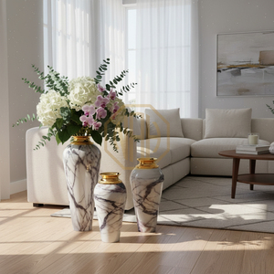 Vase à fleurs en fer pour le sol, style côtier classique, vase décoratif en émail blanc marbré pour la maison et les restaurants - Product Image 6