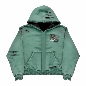 Grueso 460 GSM polar cremallera Sudadera con capucha suave interior cálido invierno desgaste verde menta acabado angustia logotipo bordado personalizado sudadera básica - Product Image 1