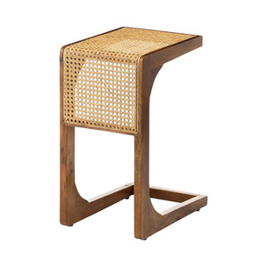 Table d'appoint moderne pour salon en teck massif avec plateau en rotin tressé, finition brun clair - Product Image 4