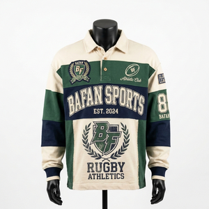 Polo de rugby à manches longues pour femme, 260 GSM, coton et polyester, maillot de rugby crème et vert, logo brodé, chemises de rugby pour homme - Product Image 5