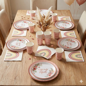 Ensemble de fête jetable pour bébé fille, 40 pièces, assiettes, gobelets, serviettes, décoration arc-en-ciel, moderne, vente en gros, Espagne - Product Image 4