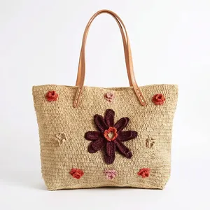 Sac fourre-tout bohème en raphia tissé à la main avec broderie florale, fermeture ouverte, doublure en coton, résistant à l'eau, sac à bandoulière pour femme - Product Image 6