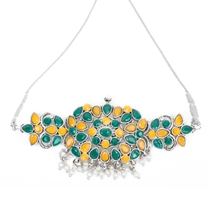 Gargantilla Verde Amarillenta Oxidada con Flores Vintage, Números y Patrones Geométricos, Imitación de Diamantes, Elegantes Cadenas de Aleación de Zinc para Bodas - Product Image 3