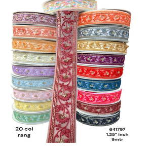 Rubans brodés à la machine sur mesure dans des motifs de fleurs et dans vingt couleurs pour les robes de mariée dans une largeur de 1.25 pouces. - Product Image 1