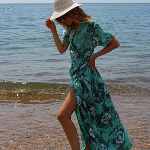 Nuevo Vestido de Verano para Mujer, Estilo Boho, Cuello en V, Manga Corta, Largo hasta el Suelo, Tie Dye, Rayas, Ecológico, Personalizable OEM - Product Image 1