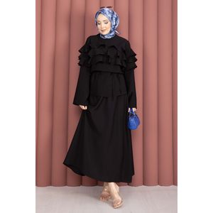 Conjunto de Dos Piezas de Tela Crepé Negra para Mujer, Falda con Detalle de Volantes en Capas, Top Talla XS, Ropa Deportiva para Verano - Product Image 4
