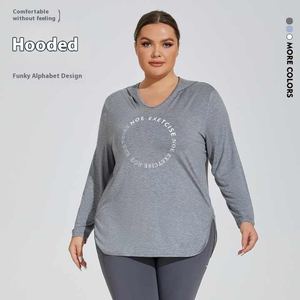 Top deportivo informal de talla grande con capucha para mujer, manga larga, ligero, para gimnasio, correr, estampado sólido, transpirable, sin cuello - Product Image 5