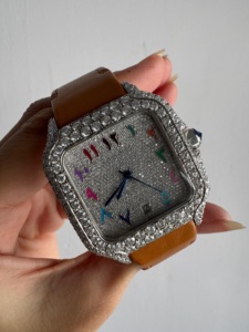 Reloj de lujo con diamantes de moissanita, estilo árabe, plateado, medio helado, correa de cuero Original, reloj con esfera arcoíris para hombre - Product Image 3