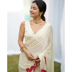 Sari Apsara de chinnon con estampado floral pintado a mano, corte holgado, elegante y ligero, ideal para fiestas y bodas para mujer. - Product Image 2