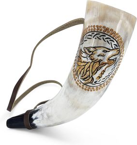 Corne de Viking, Trompe de bataille, Corne artisanale authentique, écologique, de qualité supérieure, gravée à la main, motif animal, loups nordiques, pièce d'animation - Product Image 3