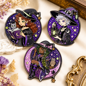 Set de Broches de Metal Circulares Personalizados Estilo Anime, Diseño de Bruja, Temática de Hadas de Halloween, Aleación de Zinc con Baño de Níquel Negro - Product Image 1