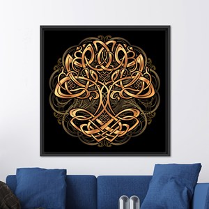 Impression élégante de l'arbre de vie doré : œuvre d'art moderne sur toile circulaire, toile encadrée noire - Product Image 1