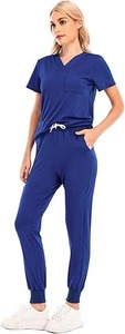 Camicia da donna con scollo a V <span class=keywords><strong>blu</strong></span> di alta qualità e Set di pantaloni con coulisse uniforme estiva da ospedale realizzata in Spandex - Product Image 3