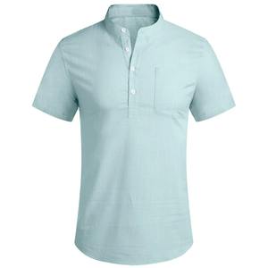 Moda transpirable suelta básica bolsillo Top verano hombres Casual Stand Collar Color sólido manga corta Algodón ligero camisas - Product Image 4