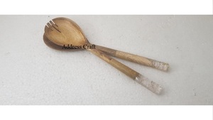 Ensemble cuillère et fourchette à salade en bois d'acacia naturel avec manche en marbre, écologique, utilisations multiples, outils de service - Product Image 2