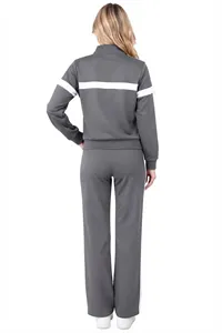Women Gray Hooded Two Piece Tracksuit Full Sleeve Zipper Front Solid Color Casual <b>Jogging</b> Suit Side Pockets Elastic Waist Winter - Product Image 3