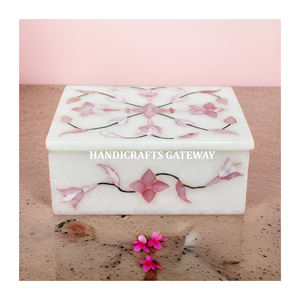 Très belle boîte à bijoux en nacre rose incrustée de marbre blanc naturel pour cadeau de mariage, décoration de la maison et cadeau. - Product Image 1
