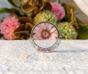 Solid 14K White Gold Pink White Moissanite Seven Stone Minimalist Cushion Wedding Band Stackable Anniversary Promise Gift Ring - Product Image 5