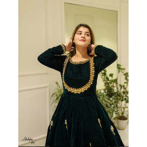 Luxury Elegant Green Velvet Maxi Dress for Women Handmade Floral Print Winter for Evening Parties Weddings <b>Sequined</b> Tiered - Product Image 4