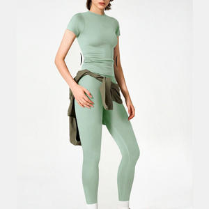 Ensemble de vêtements de sport à impression personnalisée pour femmes T-Shirt en tissu côtelé à haute élasticité Leggings respirant dentelle bouton décor solide Gym un ensemble - Product Image 1