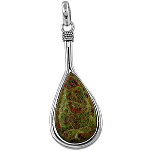 Pendentif en argent 925 avec unakite pour femmes, plaqué or rose et rhodium, pierre précieuse de forme émeraude, cadeau de bijoux avec pendentifs à breloques - Product Image 1