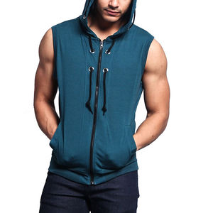 100% Cotton <b>Men's</b> <b>Hoodie</b> Without Sleeve Plain Logo Custom Gym <b>Sleeveless</b> Zipper <b>Hoodie</b> Breathable Drawstring Vest with Pockets - Product Image 4