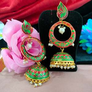 Diseño elegante tradicional estilo bohemio étnico Meenakari Jhumkas esmalte de calidad fina pendientes colgantes de moda joyería llamativa - Product Image 6