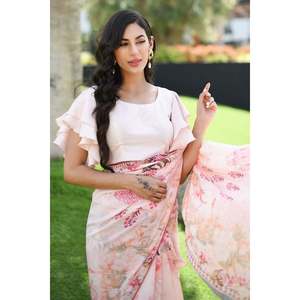 Sari de Chifón con Estampado Floral en Rosa Pastel para Primavera/Verano - Product Image 5