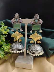 Pendientes Jhumka de dos tonos de plata SHANAYA de alta calidad, joyería más vendida directa del proveedor indio - Product Image 5