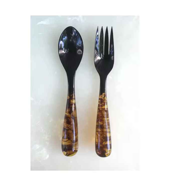 Salad Server Horn Spoon With Brown Resin handle Flatware Spoon and Fork Kitchen And Home Spoon Handmade