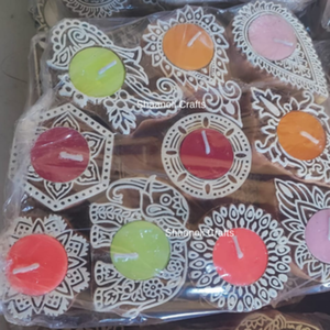 Portavelas de bloque pintado a mano de madera, portavelas de luz en T hecho a mano, Diya de madera para Diwali y decoración de Navidad - Product Image 2