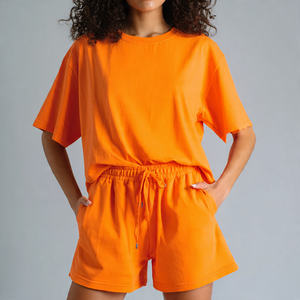 Camiseta de algodón de gran tamaño para mujer, conjuntos de pantalones cortos, Camiseta con hombros caídos, pantalones cortos con cordón, dos piezas para mujer - Product Image 1