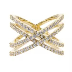 Anillo Abierto Clásico y Elegante para Mujer, de Oro Amarillo de 14K con Baño de Rodio, con Diamantes Naturales de Corte Brillante y Diseño Cruzado Ancho - Product Image 2