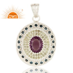 Multi Color Design 925 Sterling Silver Pendants Natural Amethyst, London <b>Blue</b> <b>Topaz</b> & Peridot Gemstone Jewelry Manufacturer - Product Image 1