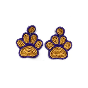 Custom Clemson Tigers hecho a mano Gameday Beaded Earrings-amarillo y púrpura Tiger Paw Design Seed Beaded Earrings - Product Image 1