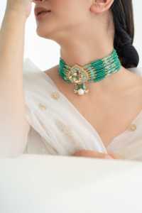 14K Gold Plated Exquisite <b>Green</b> <b>Beaded</b> Choker <b>Necklace</b> with Matching Earrings Cute Style Brass Jewelry for Anniversaries - Product Image 2