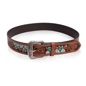 Cinturón de cuero de vaca para hombre y mujer, correa de cuero genuino con relieve Floral, estilo vaquero occidental - Product Image 3