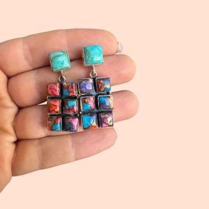 Pendientes hechos a mano de plata de ley Mojave rosa y turquesa cuelga joyería de piedras preciosas Bohemias de moda regalo para ella - Product Image 3