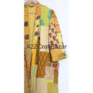 Chaqueta Kimono Kantha Elegante, Acolchada, Estampada a Mano, de Algodón, Ropa Festiva Elegante, Transpirable, Cuello en V Largo, Cierre con Cordón, Estampado Floral - Product Image 3