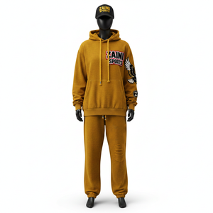 Ensemble survêtement en molleton premium pour homme, coton polyester, chaud, couleur moutarde, sweat à capuche et pantalon de jogging, logo personnalisé brodé, survêtement pour homme grande taille - Product Image 1