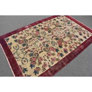 พรมตุรกีโบราณ4.8 x 7.2ft เบจสีแดงพื้นที่ขนาดใหญ่การออกแบบเย็บปะติดปะต่อกันด้วยผ้าขนสัตว์สำหรับห้องโถงห้องนอนยางสี่เหลี่ยมห้องข้างเตียง - Product Image 2