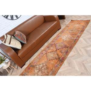 Alfombra Turca Vintage Herki de 2.5x11.2 pies (76x340 cm), con Diseño de Puntos Naranjas - Product Image 4