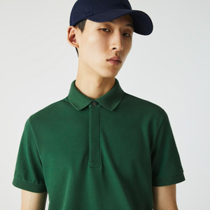 Polo en piqué de coton stretch vert foncé à 100% avec logo brodé personnalisé tendance, coupe classique, bouton dissimulé - Product Image 3